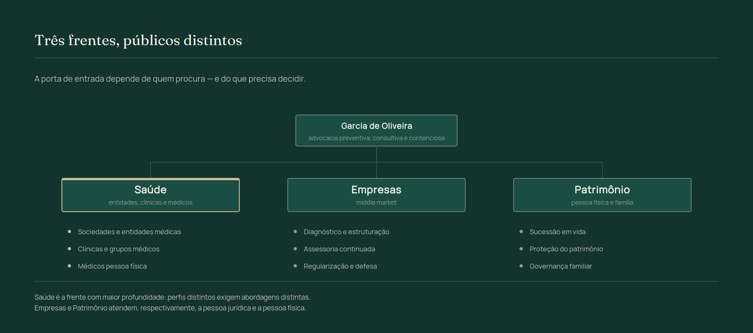 Organograma das três frentes do escritório: saúde para entidades, clínicas e médicos; empresas de middle market; e patrimônio para pessoa física e família.