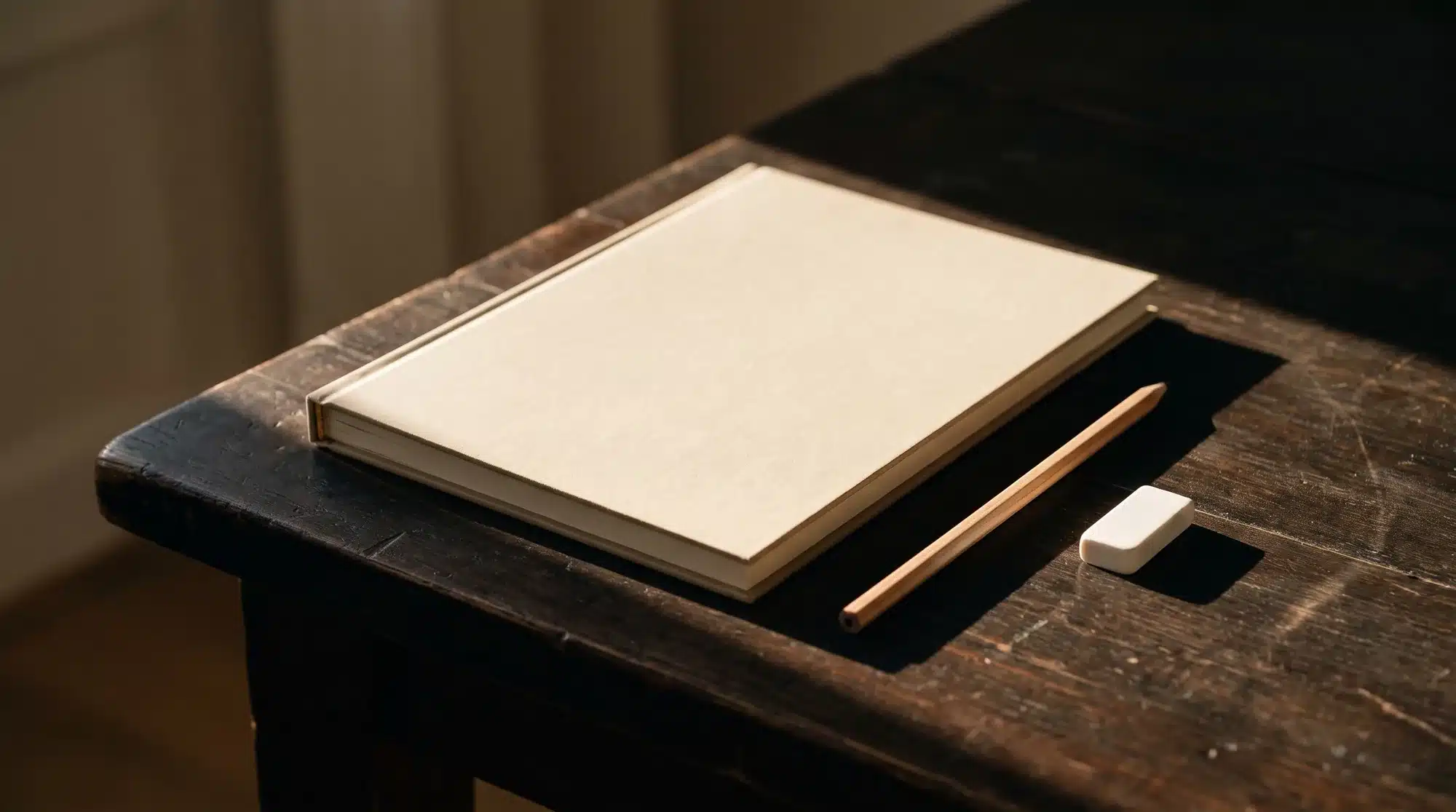 Documento fechado sobre a mesa com lápis e borracha ao lado em luz de fim de tarde.