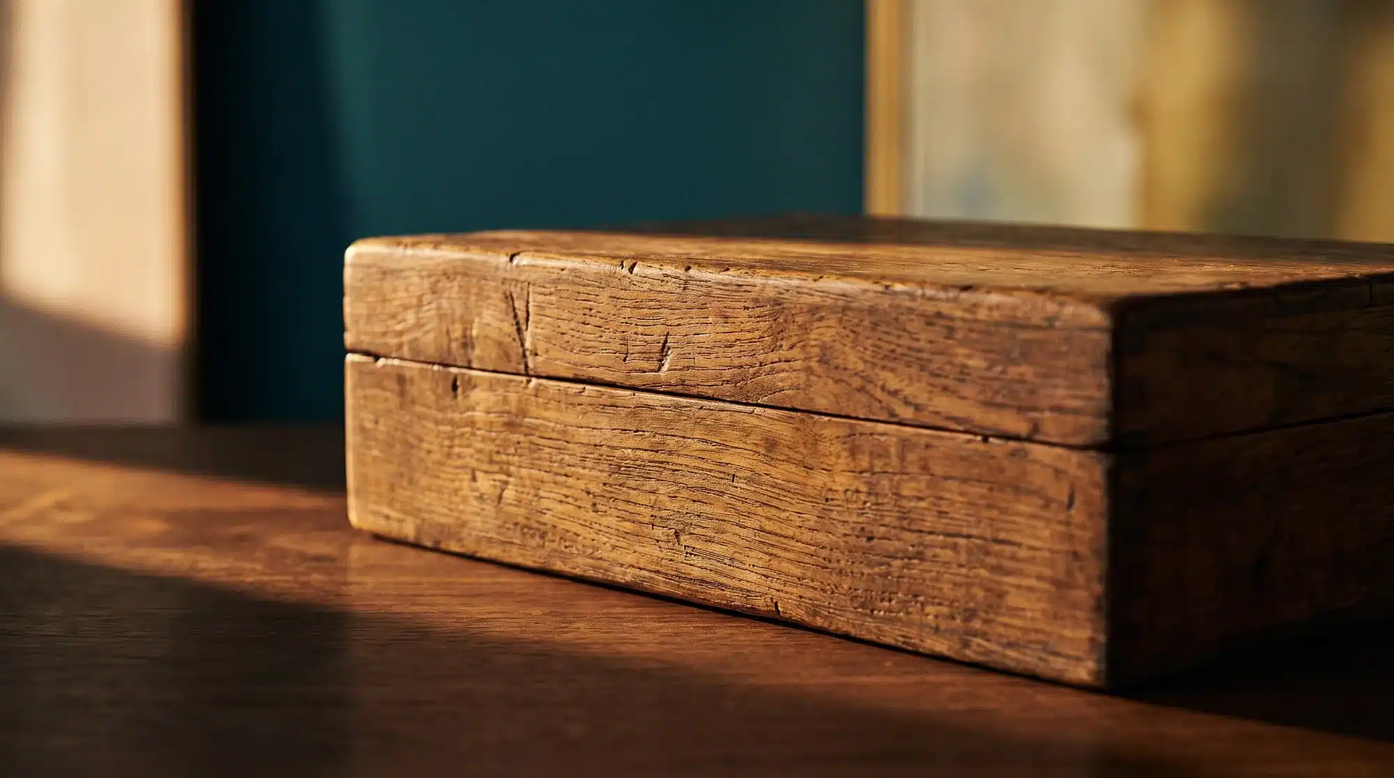 Caixa de documentos de madeira fechada com veios aparentes em luz quente.