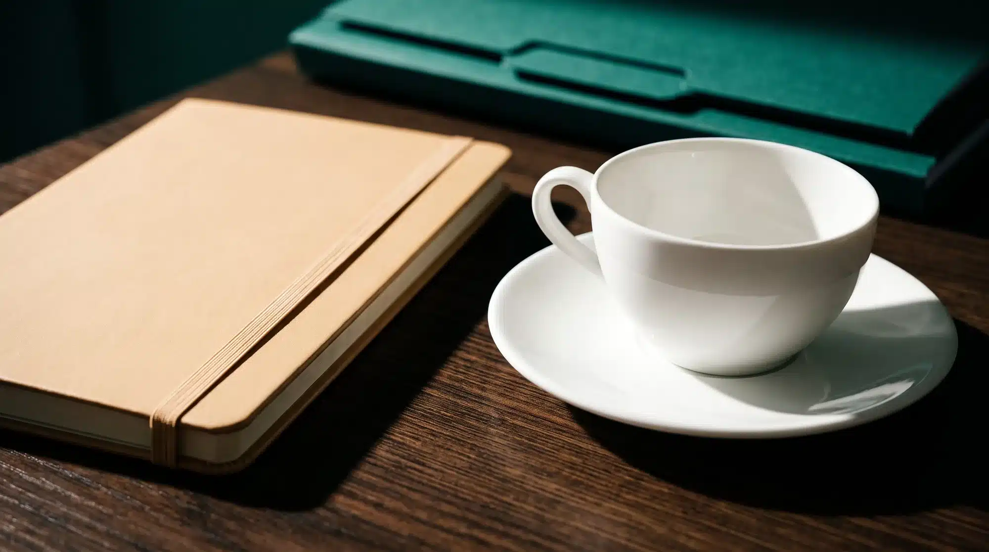 Bloco de anotações fechado, xícara de café e pasta de documentos sobre a mesa de trabalho.