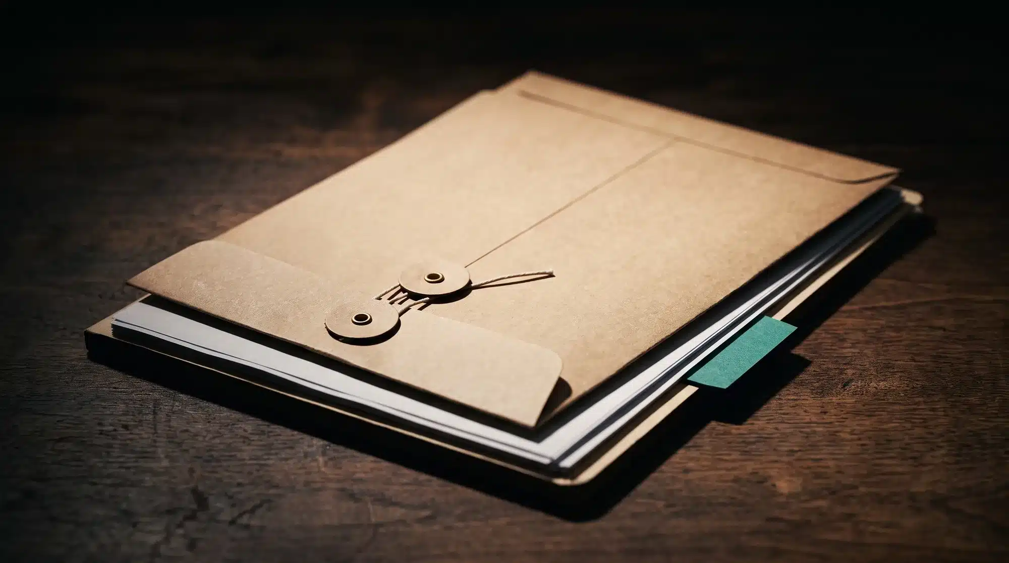Envelope pardo com fecho de barbante sobre pasta de documentos com marcador entre as páginas.