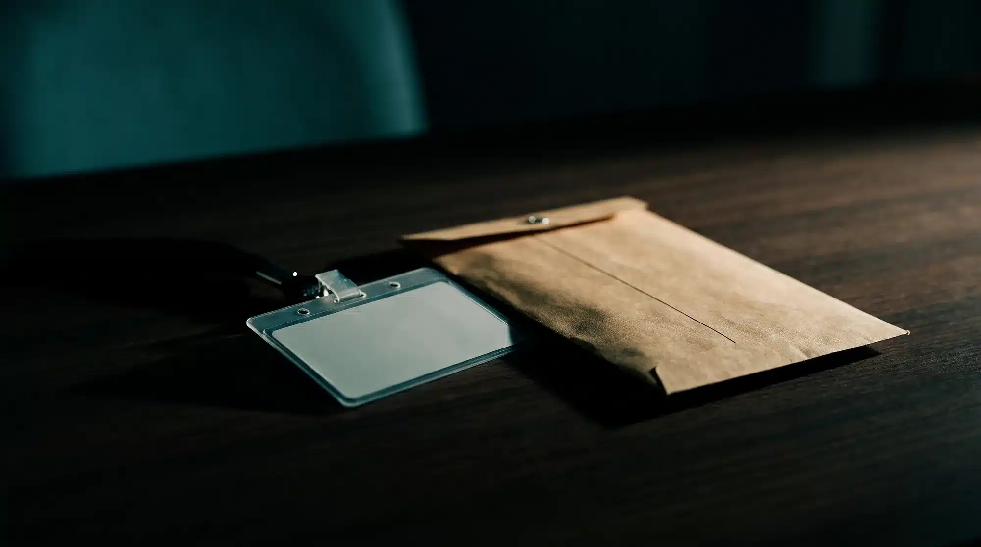 Crachá funcional e envelope pardo fechado sobre mesa escura em meia-luz.